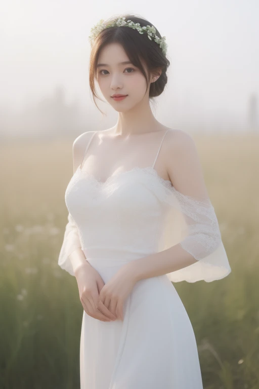 best quality, Masterpiece, Ultra high resolution, (realistic:1.4), raw image, 1 girl, Short white dress made from sheer, see-through lace fabric., off shoulder, Field of blooming flowers, Glowing skin, Smiling softly, there was a white flower crown on his head. sexy poses