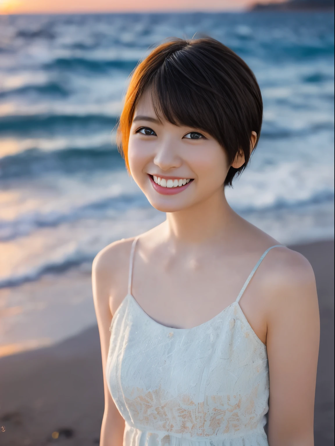 Only one girl、((perfect bodies)))、(​masterpiece)、((top-quality))、(ultra-detailliert)、((extremely delicate and beautiful))、(((Very shallow depth of field)))、nffsw，(((incredibly absurdness)))、((perfect bodies)))、(((A dark-haired)))、(((short cut hair)))、(Okabo hair)、(((Looking at the camera)))、(((small tits)))、(((The best smile that makes you happy)))、Camisole dresare+Background with、dynamic ungle、female focus on、{Particles of light}、Meticulous background with、((paul hedley)))、Soft lighting、(Dramatic sunset)、Evening glow、Very beautiful sunset、Live action、realisitic、Angle from above、cute smile face、(the background is blurred)、28year old、being thin、((the wind))、(((movement)))、(((emotional)))、((colourfull))、((a baby face))、((Beautiful teeth)) 、f lare、sea the background of