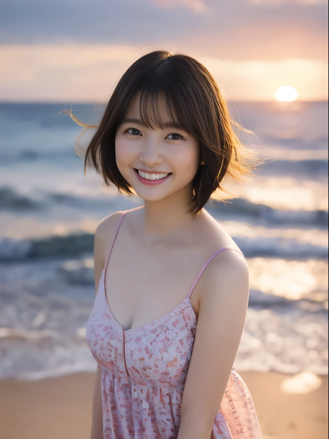 Only one girl、((perfect bodies)))、(​masterpiece)、((top-quality))、(ultra-detailliert)、((extremely delicate and beautiful))、(((Very shallow depth of field)))、nffsw，(((incredibly absurdness)))、((perfect bodies)))、(((A dark-haired)))、(((short cut hair)))、(Okabo hair)、(((Looking at the camera)))、(((small tits)))、(((The best smile that makes you happy)))、Camisole dresare+Background with、dynamic ungle、female focus on、{Particles of light}、Meticulous background with、((paul hedley)))、Soft lighting、(Dramatic sunset)、Evening glow、Very beautiful sunset、Live action、realisitic、Angle from above、cute smile face、(the background is blurred)、28year old、being thin、((the wind))、(((movement)))、(((emotional)))、((colourfull))、((a ))、((Beautiful teeth)) 、f lare、sea the background of