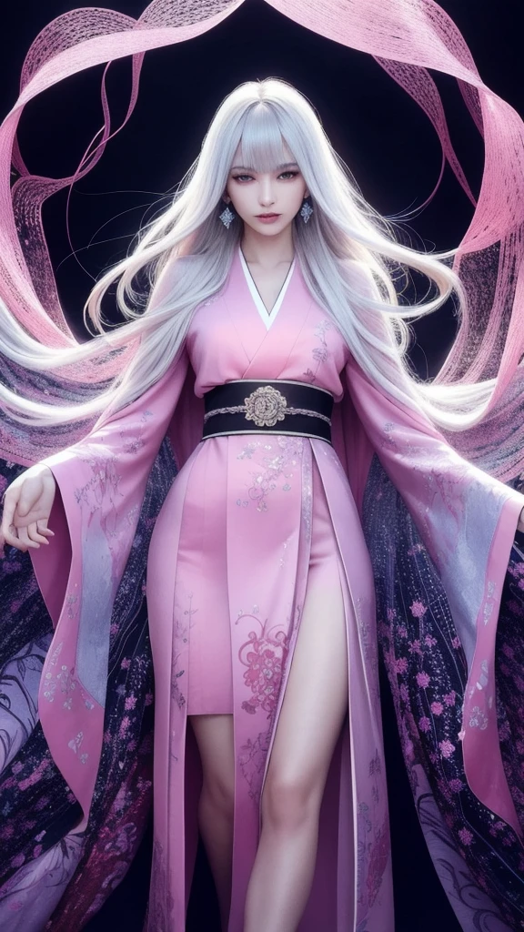 (masterpiece, top quality, 1 female, solo, exquisite detail, chromatic aberration),(realistic),(skin),((breath)),(silver hair, even bangs, even long long hair, blunt bangs),exquisite hair, red headdress, blue highlights, hair over one eye, purple eyes, earrings, piercing eyes,,((pure kimono)),((pink kimono)),((symmetrical eyes)),((perfect symmetrical body)),(pureerosface_v1:0.3),Night,((natural light))),A powerful wizard, standing in a mystical forest. Flowing robes adorned with symbols, arms outstretched, eyes glowing with mystical energy. Spells leak from his mouth, vibrant, swirling patterns of dark magic appear in the air, pulsating with hues of red and blue. Enchantment permeates, blossoms, and creatures gaze in awe. Threads of magical energy dance, revealing hidden realms, unraveling secrets. Capturing the essence of this enchanting moment, the mysterious power of dark magic comes to life on a canvas of the highest quality and finest detail. . Highest Quality, Masterpiece, Ultra High Resolution, (Photorealistic:1.4), RAW Photo, Sharp Focus, High Resolution, Detailed Skin., Eyes on the Viewer, ((Center Shot, From the Front, (Face and Waist))),