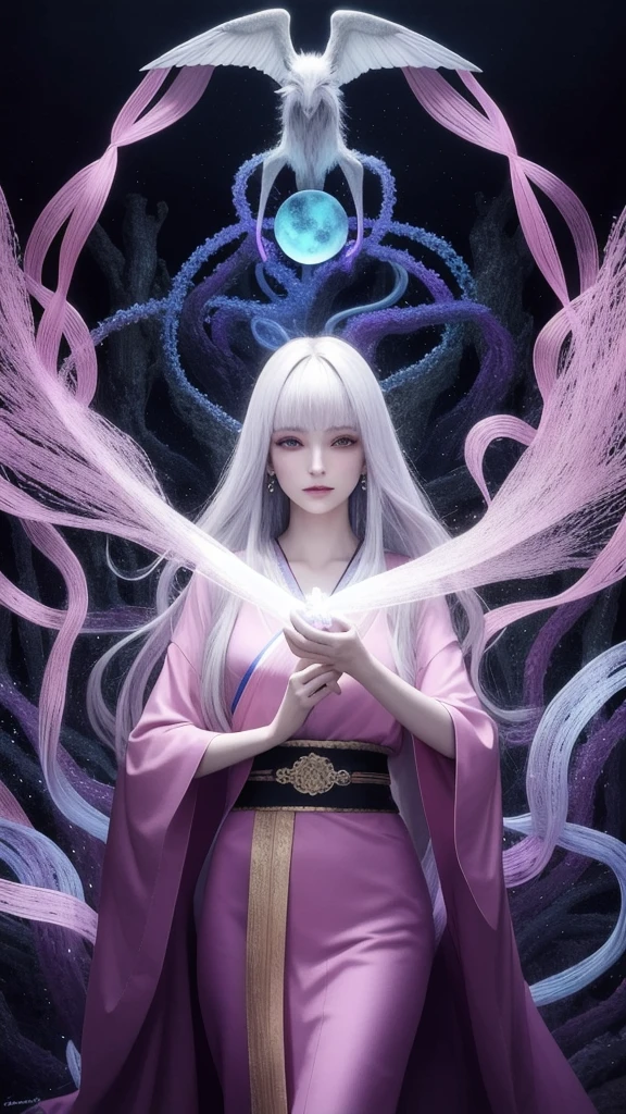 (masterpiece, top quality, 1 female, solo, exquisite detail, chromatic aberration),(realistic),(skin),((breath)),(silver hair, even bangs, even long long hair, blunt bangs),exquisite hair, red headdress, blue highlights, hair over one eye, purple eyes, earrings, piercing eyes,,((pure kimono)),((pink kimono)),((symmetrical eyes)),((perfect symmetrical body)),(pureerosface_v1:0.3),Night,((natural light))),A powerful wizard, standing in a mystical forest. Flowing robes adorned with symbols, arms outstretched, eyes glowing with mystical energy. Spells leak from his mouth, vibrant, swirling patterns of dark magic appear in the air, pulsating with hues of red and blue. Enchantment permeates, blossoms, and creatures gaze in awe. Threads of magical energy dance, revealing hidden realms, unraveling secrets. Capturing the essence of this enchanting moment, the mysterious power of dark magic comes to life on a canvas of the highest quality and finest detail. . Highest Quality, Masterpiece, Ultra High Resolution, (Photorealistic:1.4), RAW Photo, Sharp Focus, High Resolution, Detailed Skin., Eyes on the Viewer, ((Center Shot, From the Front, (Face and Waist))), 