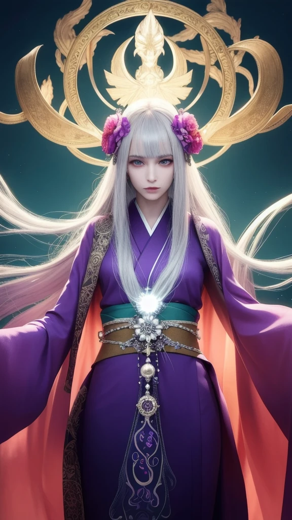(masterpiece, top quality, 1 female, solo, exquisite detail, chromatic aberration),(realistic),(skin),((breath)),(silver hair, even bangs, even long long hair, blunt bangs),exquisite hair, red headdress, blue highlights, hair over one eye, purple eyes, earrings, piercing eyes,,((pure kimono)),((pink kimono)),((symmetrical eyes)),((perfect symmetrical body)),(pureerosface_v1:0.3),Night,((natural light))),A powerful wizard, standing in a mystical forest. Flowing robes adorned with symbols, arms outstretched, eyes glowing with mystical energy. Spells leak from his mouth, vibrant, swirling patterns of dark magic appear in the air, pulsating with hues of red and blue. Enchantment permeates, blossoms, and creatures gaze in awe. Threads of magical energy dance, revealing hidden realms, unraveling secrets. Capturing the essence of this enchanting moment, the mysterious power of dark magic comes to life on a canvas of the highest quality and finest detail. . Highest Quality, Masterpiece, Ultra High Resolution, (Photorealistic:1.4), RAW Photo, Sharp Focus, High Resolution, Detailed Skin., Eyes on the Viewer, ((Center Shot, From the Front, (Face and Waist))), 