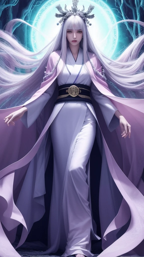 (masterpiece, top quality, 1 female, solo, exquisite detail, chromatic aberration),(realistic),(skin),((breath)),(silver hair, even bangs, even long long hair, blunt bangs),exquisite hair, red headdress, blue highlights, hair over one eye, purple eyes, earrings, piercing eyes,,((pure kimono)),((pink kimono)),((symmetrical eyes)),((perfect symmetrical body)),(pureerosface_v1:0.3),Night,((natural light))),A powerful wizard, standing in a mystical forest. Flowing robes adorned with symbols, arms outstretched, eyes glowing with mystical energy. Spells leak from his mouth, vibrant, swirling patterns of dark magic appear in the air, pulsating with hues of red and blue. Enchantment permeates, blossoms, and creatures gaze in awe. Threads of magical energy dance, revealing hidden realms, unraveling secrets. Capturing the essence of this enchanting moment, the mysterious power of dark magic comes to life on a canvas of the highest quality and finest detail. . Highest Quality, Masterpiece, Ultra High Resolution, (Photorealistic:1.4), RAW Photo, Sharp Focus, High Resolution, Detailed Skin., Eyes on the Viewer, ((Center Shot, From the Front, (Face and Waist))),