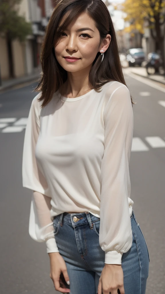 ((Highest quality)), ((8k)), ((masterpiece:1.3)), (Perfect look), (Photorealism:1.6), (TI, JMA), (Walking woman), (Japanese MILF Shoots a Gun), (Japanese houses line both sides of the road), Blurred Background, ((Realistic skin texture)), (Fine wrinkles appear all over the skin), (Dull skin), (Unmoisturized skin) , (Facial wrinkles), (Wrinkles around the eyes), double eyelid, Lower eyelid tear trough, Serious look, Shooting Gaze, (Dimples), Red lips, (Short bangs), short hair, Long hair with curled ends, (Hair over the ears), A tense look, Soft fabric blouse, Wide sleeves, Slim jeans, High heels, Hair blowing in the wind, Small breasts, (Stretch out your arms in front of you and hold your gun), (whole body),