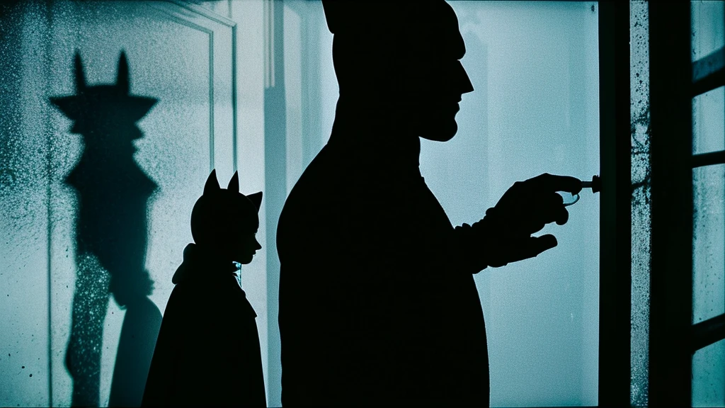 creat hyperdetailed photorealistic shadow of person standing behind frosted glass, inspired by Roger Ballen, batman with catwoman, stop motion bass rankin 1960, medium shot of two characters, german expressionism, invisible hand, dark art, leak, fear ๐ฟ, cryptid, pinhole