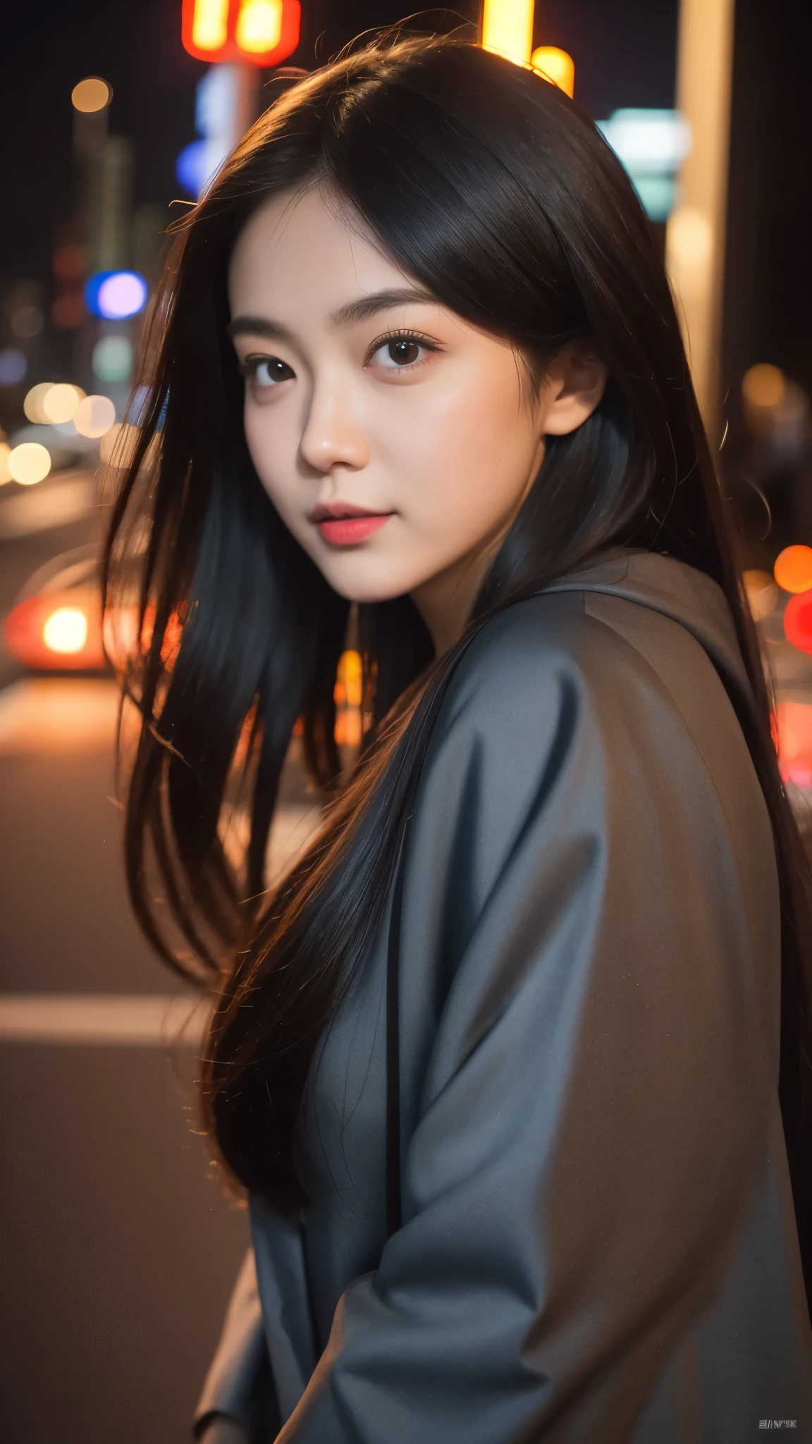 1girl, Tokyo street,night, cityscape,city lights, upper body,close-up, 8k, RAW photo, best quality, masterpiece,realistic, photo-realistic,