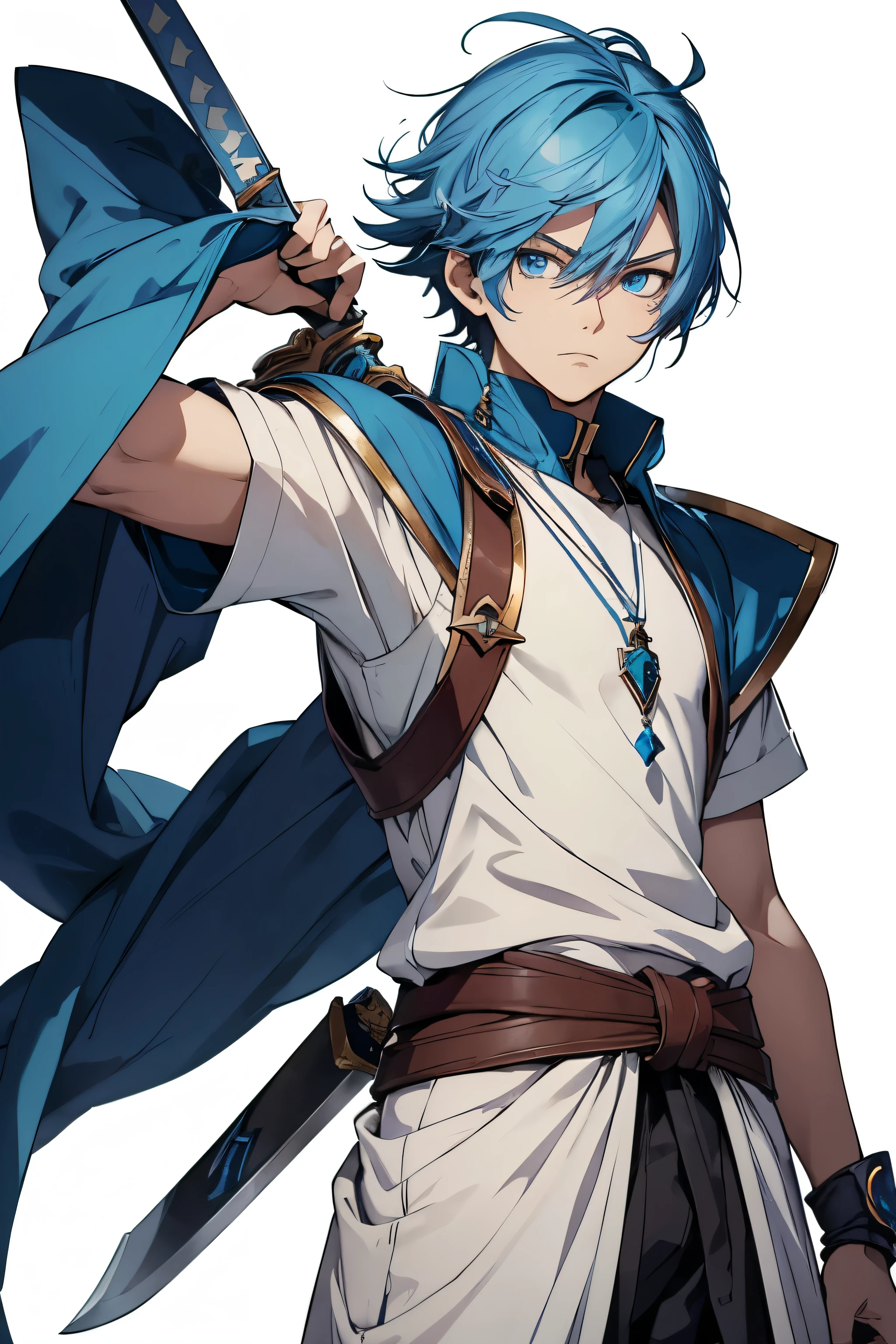 anime style, medieval anime, age boy, 16 yordsman's apprentice clothes, slightly developed muscles, using claymore sword, blue hair, cyan eyes, necklace with blue stone on the neck, neutral expression, image from the waist up, white image background