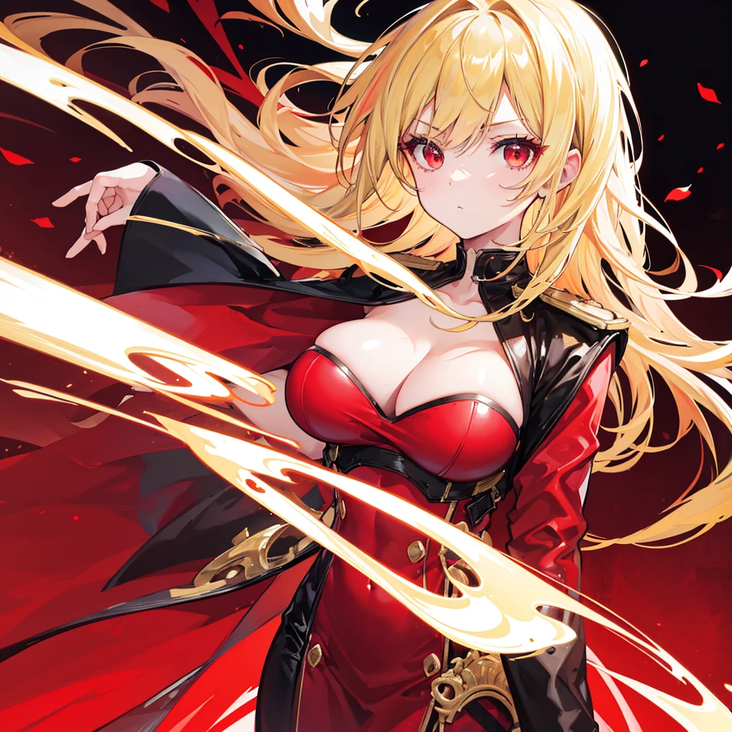 High quality, HD, 4k, Beautiful girl, mature, blonde hair, gold hair, red eyes, serious, medium breast, red dress, black leather uniform, looking at viewer, upper body