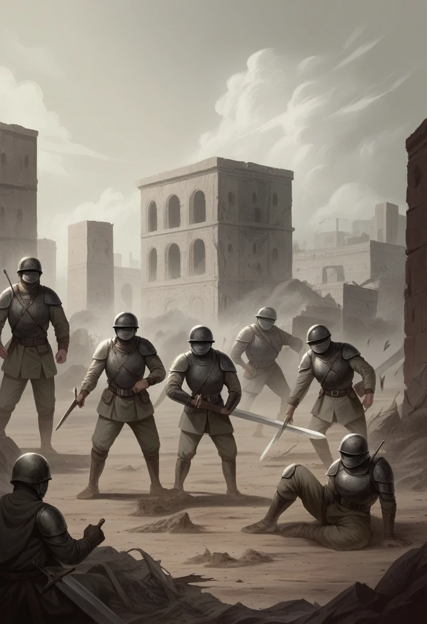 a group of Roman soldiers marching,highly detailed,military uniform,weaponry,armor,shields,swords,helmets,centurion,dust,dirt,gritty,war-torn landscape,ruins,overcast sky,moody lighting,cinematic composition,dramatic,dynamic pose,masterpiece,photorealistic,8k,detailed texture,muted color palette,chiaroscuro lighting