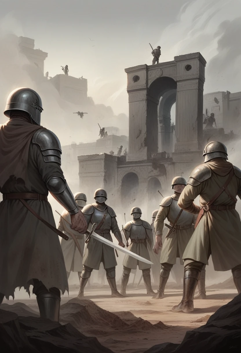 a group of Roman soldiers marching,highly detailed,military uniform,weaponry,armor,shields,swords,helmets,centurion,dust,dirt,gritty,war-torn landscape,ruins,overcast sky,moody lighting,cinematic composition,dramatic,dynamic pose,masterpiece,photorealistic,8k,detailed texture,muted color palette,chiaroscuro lighting