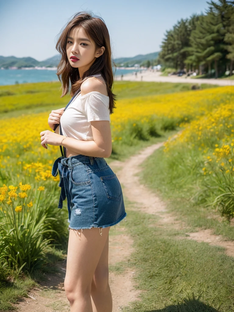 8K Raw photograph, best qualtiy, tmasterpiece, Ultra-high resolution, filmgrain, cinematic ligh, 1girll, looking at viewert, Natural skin texture, Realistic Eyes and Face Details, full pouty lips, lipsticks, (putting makeup on), Red eyeshadow, Short fluffy hair, messy hair, ssmile, Rejoice, beautifullegs, Tall women, being thin, Slim_Legs, solo, Brustwarzen, Pose with your hips facing you, Superskirt, hindquarters, Beautiful natural location, Location of flowers around, (detailedbackground) , Show a little through the shirt, Footwear, vague background, bblurry, halter,, short- sleeved, The ribbon is around the neck, JK ribbon, brown hair, bangle, Eau, By bangs, jewely, parted lip, cparted lips, From the side Side, Printed silk skirt, depth of fields,beachside,zona rural,Suspenders,are standing,