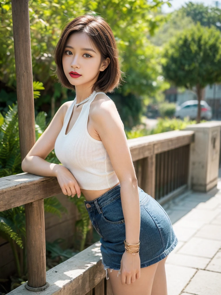 8K Raw photograph, best qualtiy, tmasterpiece, Ultra-high resolution, filmgrain, cinematic ligh, 1girll, looking at viewert, Natural skin texture, Realistic Eyes and Face Details, full pouty lips, lipsticks, (putting makeup on), Red eyeshadow, Short fluffy hair, messy hair, ssmile, Rejoice, beautifullegs, Tall women, being thin, Slim_Legs, solo, Brustwarzen, Pose with your hips facing you, Superskirt, hindquarters, Beautiful natural location, Location of flowers around, (detailedbackground) , Show a little through the shirt, Footwear, vague background, bblurry, halter,, short- sleeved, The ribbon is around the neck, JK ribbon, brown hair, bangle, Eau, By bangs, jewely, parted lip, cparted lips, From the side Side, Printed silk skirt, depth of fields,beachside,zona rural,Suspenders,are standing,
