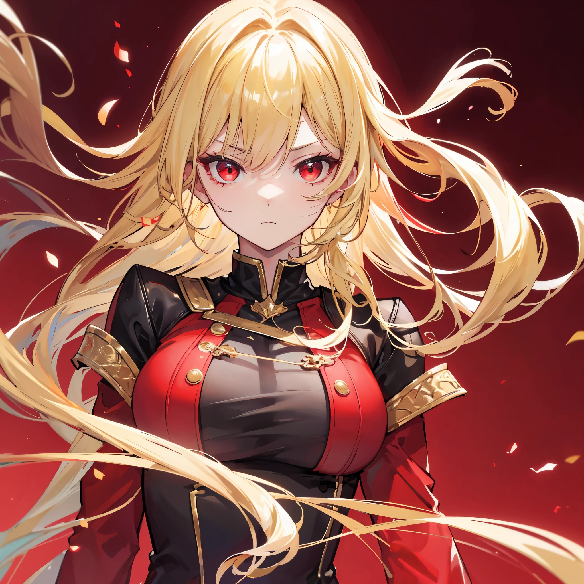 High quality, HD, 4k, Beautiful girl, mature, blonde hair, gold hair, red eyes, serious, medium breast, red dress, black leather uniform, looking at viewer, upper body