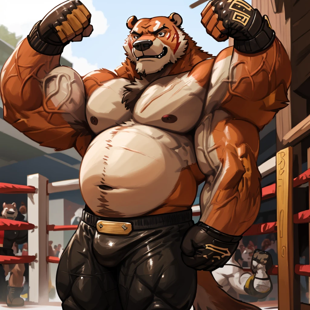 Solo, 1boy, a huge muscular kodiak brown bear, extremely detailed brown fur, powerful pecs, beer belly, veins popping,red boxing gloves, black boxing pants with red line, flexing for boxing victory, masterpiece, 8k, ultra-detailed,realistic,photo-realistic,physically-based rendering,vivid colors