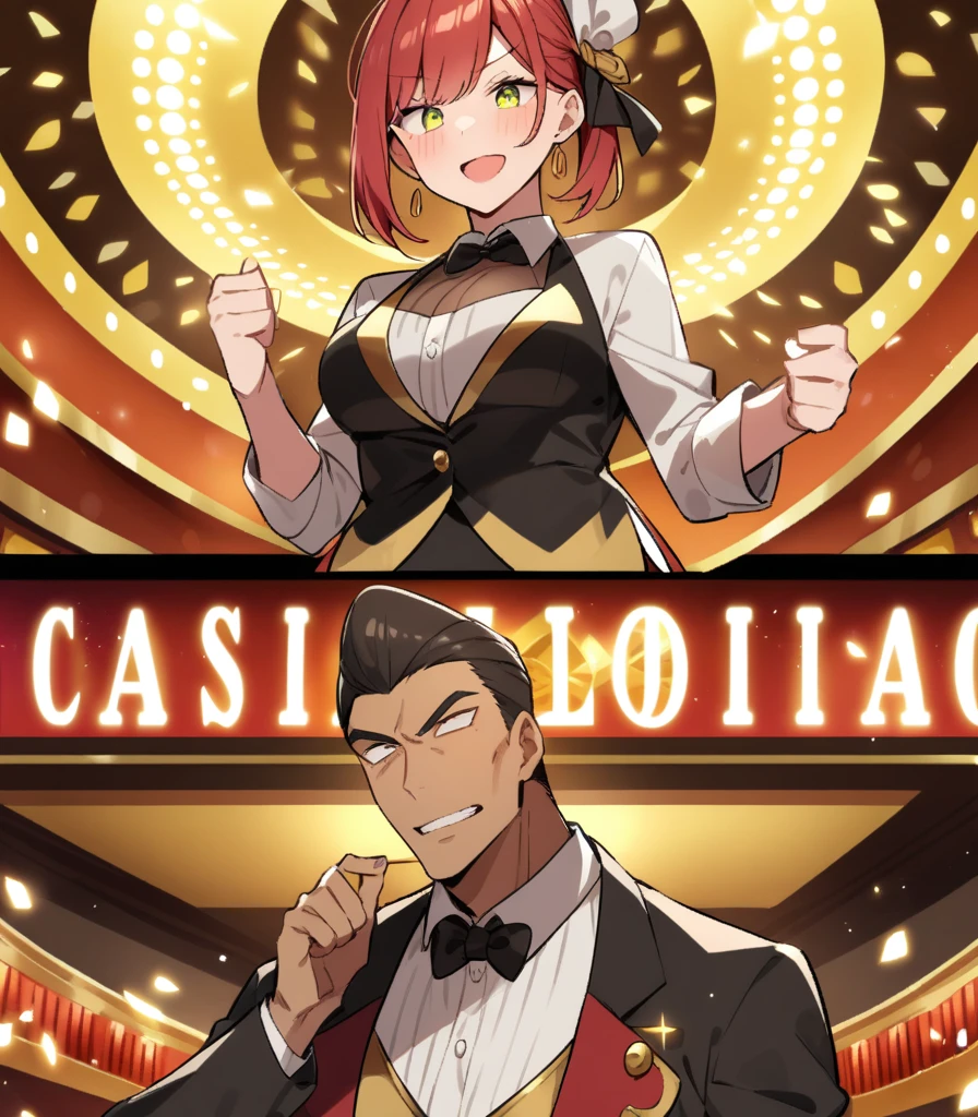 Red hair、yellow-green eyes、Sharpness、One knot、Adult male、Casino Costumes、Casino Background、Casino Owners、Condescending Eyes、dealer