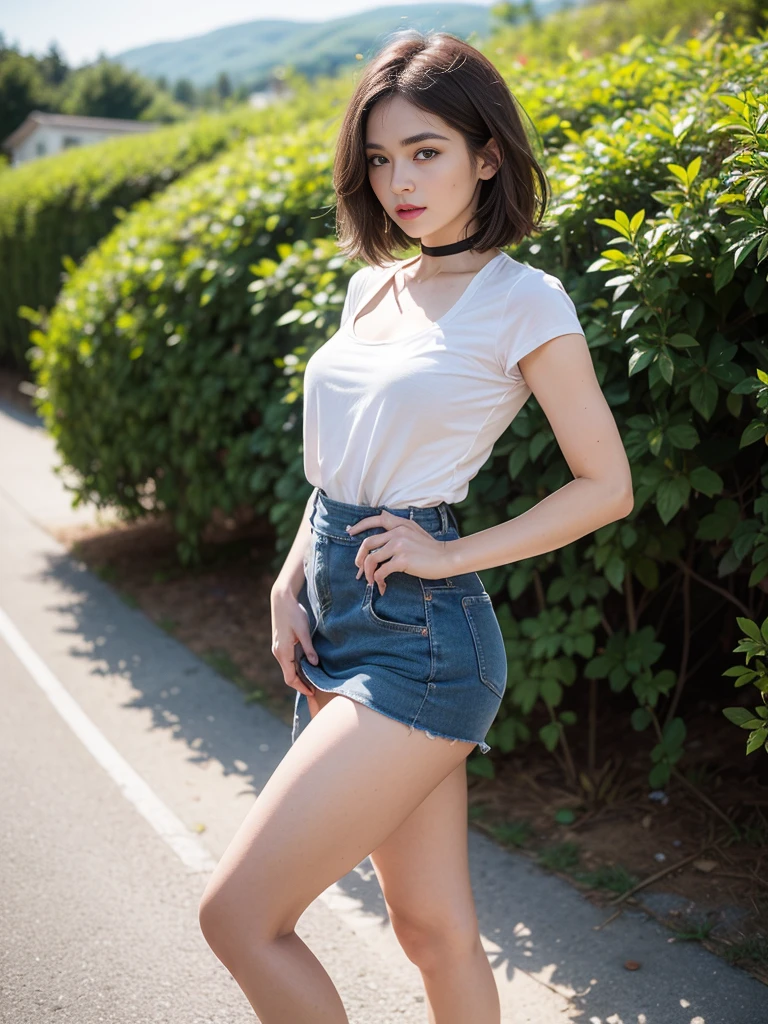 8K Raw photograph, best qualtiy, tmasterpiece, Ultra-high resolution, filmgrain, cinematic ligh, 1girll, looking at viewert, Natural skin texture, Realistic Eyes and Face Details, full pouty lips, lipsticks, (putting makeup on), Red eyeshadow, Short fluffy hair, messy hair, ssmile, Rejoice, beautifullegs, Tall women, being thin, Slim_Legs, solo, Brustwarzen, Pose with your hips facing you, Superskirt, hindquarters, Beautiful natural location, Location of flowers around, (detailedbackground) , Show a little through the shirt, Footwear, vague background, bblurry, halter,, short- sleeved, The ribbon is around the neck, JK ribbon, brown hair, bangle, Eau, By bangs, jewely, parted lip, cparted lips, From the side Side, Printed silk skirt, depth of fields,beachside,zona rural,Suspenders,are standing,