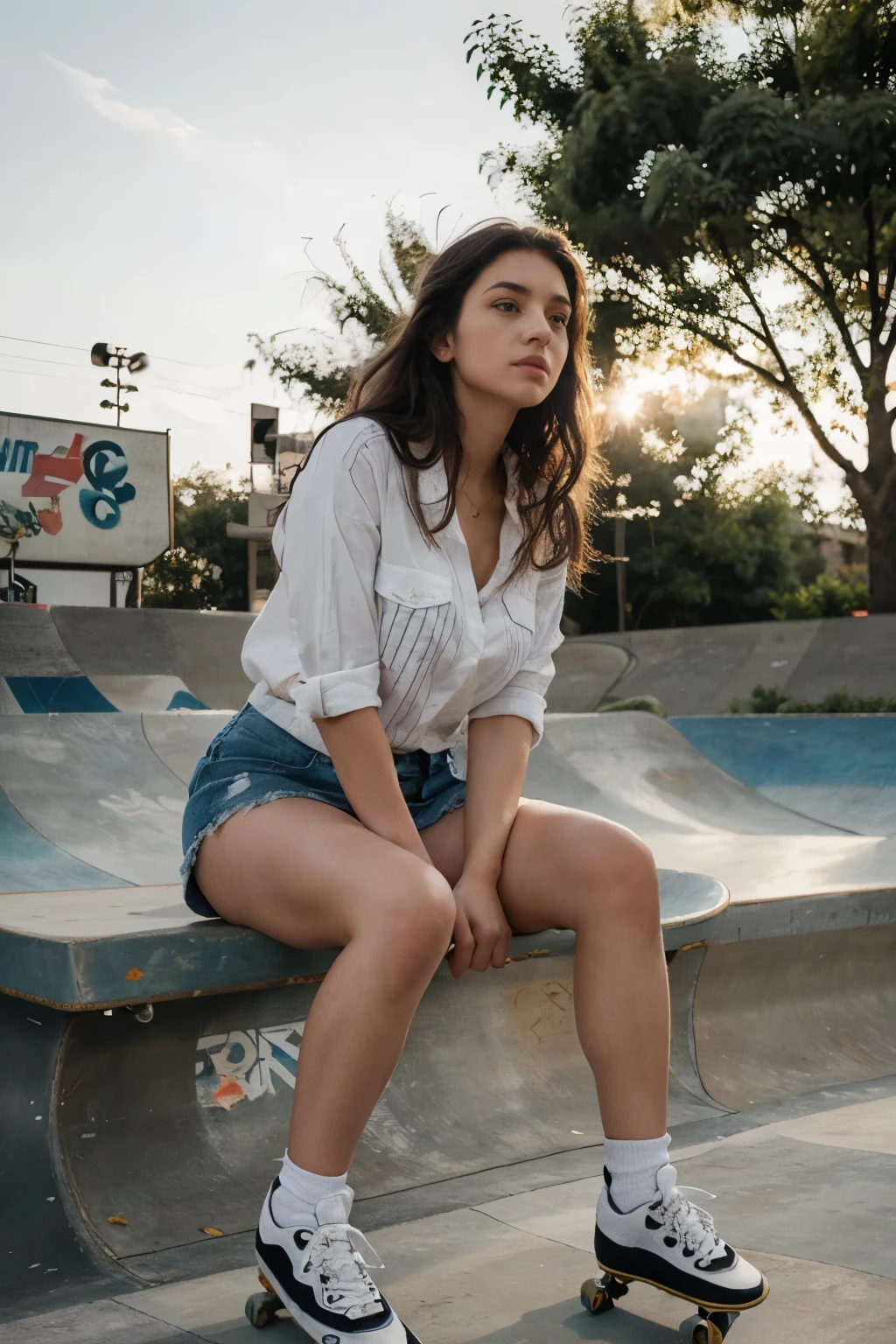 Beautiful 26 years old woman, 170cm high, 60 kg weight, white skin, long curly dark hair, gray eyes, wearing black and white stripes shirt, denim skirt, looking to somewhere else, (((skate park))), sit on bench, natural morning light, realistic portrait, highly detailed, analog style, deep cleavage, breast, nipple, (((full body))), wind blowing her hair