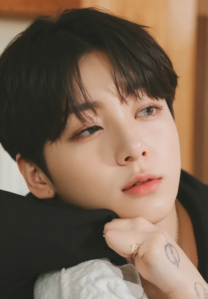 Kpop boy, Jeon Jungkook, smooth skin, big eyes, beautiful lips.