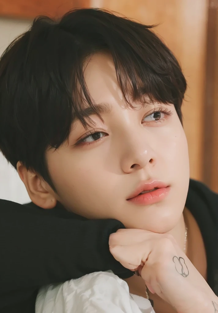 Kpop boy, Jeon Jungkook, smooth skin, big eyes, beautiful lips. 