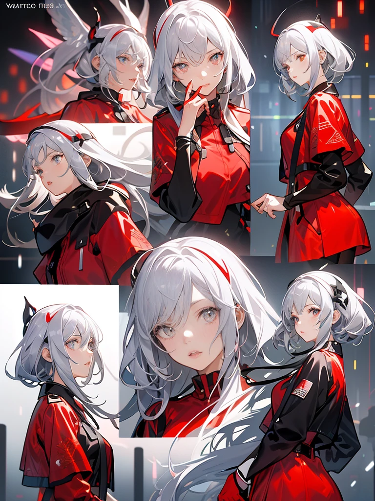 A Russian girl in her early 20s with ash grey hair, All-red outfit, beautiful face((must)),Correct facial features,A puzzled expression,doubt,Unbelievable