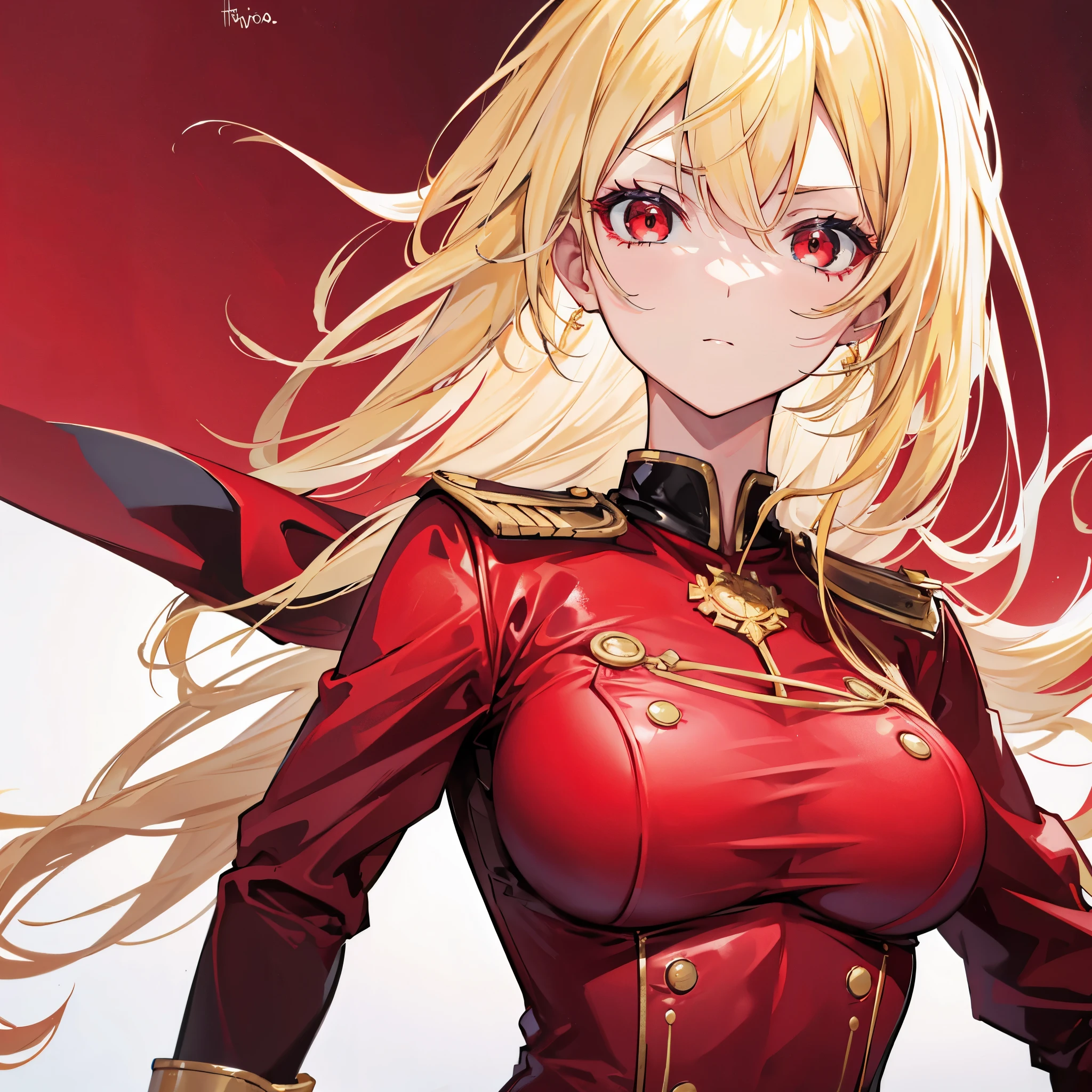 High quality, HD, 4k, Beautiful girl, mature, blonde hair, gold hair, red eyes, serious, medium breast, red dress, black leather uniform, looking at viewer, upper body