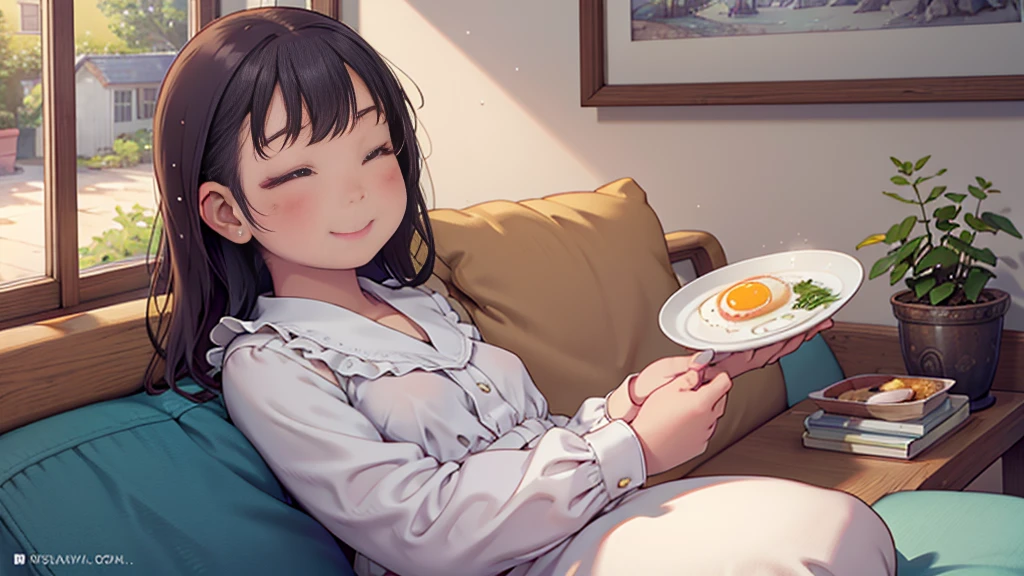 8k, {best quality}, {very aesthetic}, {ultra-detailed}, {best illustration}, High school girl wearing a white blouse, An exquisite living room bathed in the morning sun, {breakfast},　Fried egg,　{{{A big smile with eyes closed}}},　Eat happily, comical,　Small breasts, emo,　Sit on the sofa,