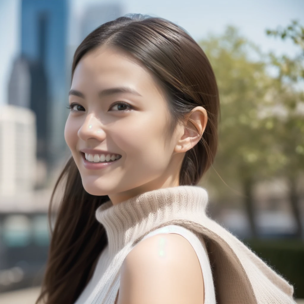 The face of a hostess、British high neck sleeveless knit、High quality、Ultra-realistic、fine、Smiling face、Slim perfect figure、Japanese beauty、 Perfect Eyes、Radiant Skin、Business city background