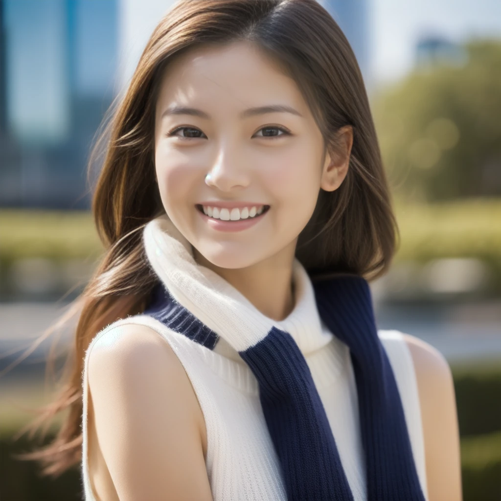 The face of a hostess、British high neck sleeveless knit、High quality、Ultra-realistic、fine、Smiling face、Slim perfect figure、Japanese beauty、 Perfect Eyes、Radiant Skin、Business city background