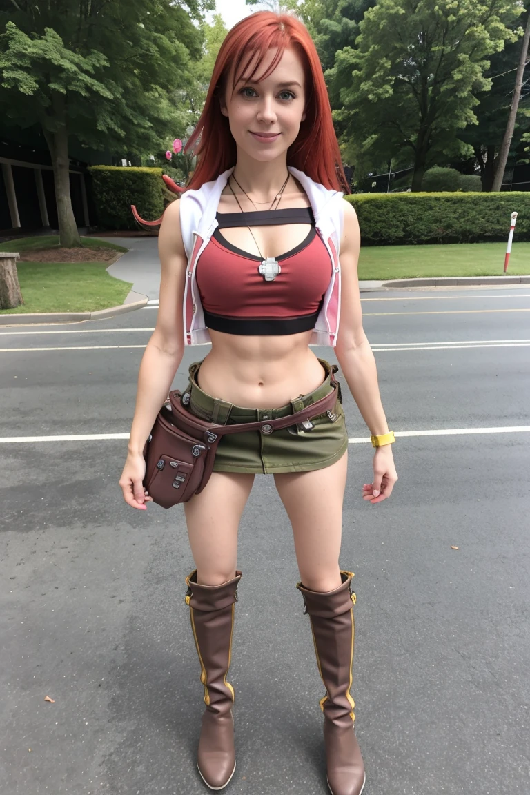 redhaired girl as a superheroine, straight redhaired, bangs, skirt, super powerful, pink eyes, midriff, riding boots, white socks, toned arms, toned abs, tall and sexy, powerful, superb face, perfect body, tall, happy, smug, large chest, choker collar, 20yo, toned abs, evil smirk, 20yo