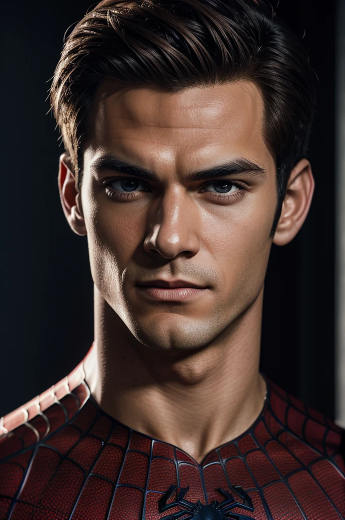 Photo of spider man, no mask, 20s, handsome, detailed face, looking at camera, Portrait, 8k uh, High quality