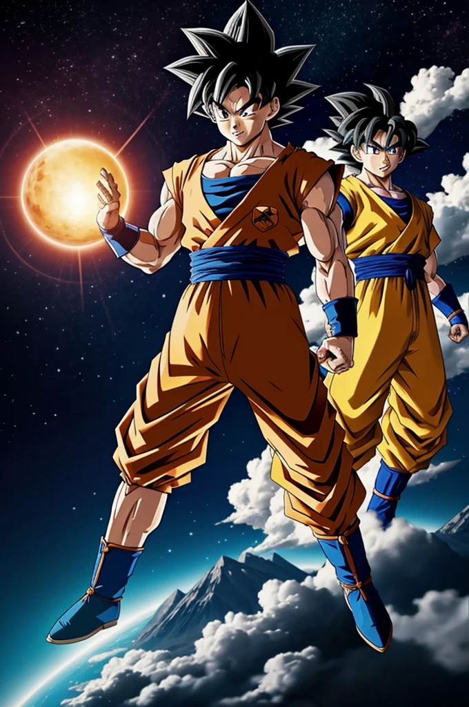 Generate an image of Goku as a with his grandfather Gohan in the same format as the series, that is, the drawing is in the animation and style of Dragon Ball.