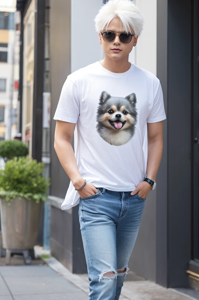 Realistic Pomeranian dog wearing a white T-shirt and jeans(Appearance of the Pomeranian dog、The hair is completely white)、Height: 80 cm。