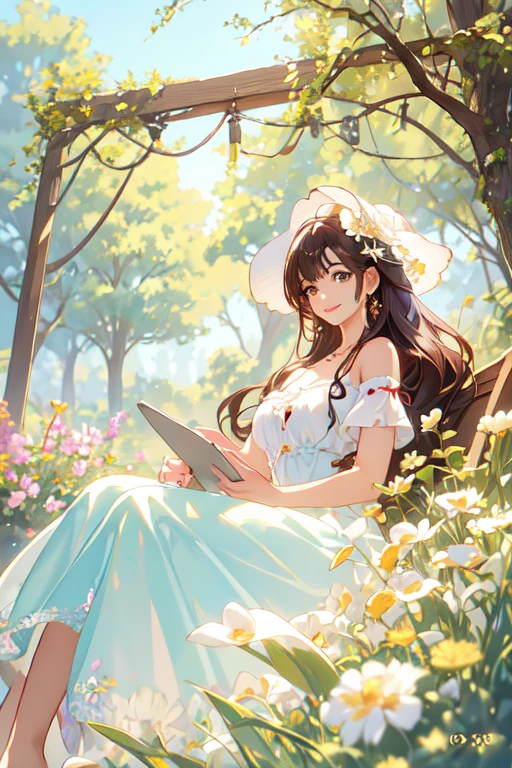 a , 1 girl, girl, afro-american girl, girl with brown hair, extremely detailed face, hyper detailed eyes, beautiful detailed lips, long eyelashes, beautiful detailed facial features, soft long dress, sitting on tree in park, garden background, smiling, confident, profile view, 8k resolution, photorealistic, 3D, telegram sticker, digital art