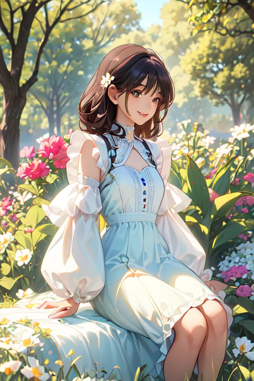 a , 1 girl, girl, afro-american girl, girl with brown hair, extremely detailed face, hyper detailed eyes, beautiful detailed lips, long eyelashes, beautiful detailed facial features, soft long dress, sitting on tree in park, garden background, smiling, confident, profile view, 8k resolution, photorealistic, 3D, telegram sticker, digital art