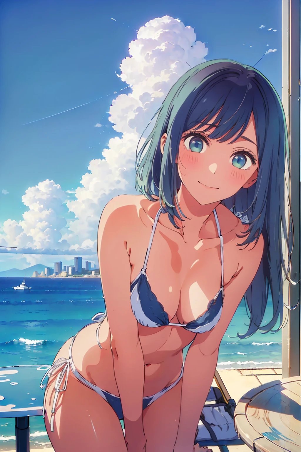 Highest quality,8k,detailed,F cup bust、Big Breasts、Slim and beautiful arms、Slim body、Very white beautiful skin、((((1 person、smile、Swimwear、smile、sit、Chair、In the background are the urban buildings of Tokyo、Outdoor café terrace、coastal、Navy hair color、juice、table、Cheek resting on hand、She is wearing a white side-string high-leg bikini、Looking up、Shooting up close、Very cute face))))、Very beautiful face、Sexy pose、Very blue sky、A completely cloudless sky、She tilted her head slightly、The atmosphere is bright and lively、The woman is at the center of the image。