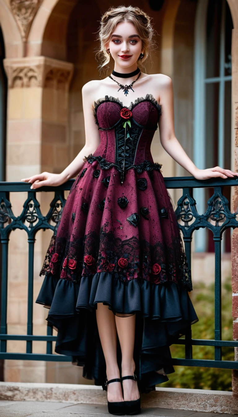 (night:1.2) in a beautiful night in balcony, A romantic evening dress in deep burgundy, adorned with black lace featuring rose and thorn patterns. The dress has a corset bodice and a full, layered skirt. Tiny, glowing roses with smiling faces are scattered throughout the lace, adding a cute horror element. A black choker with a rose pendant completes the look. Romantic, highly detailed, intricate design, whimsical, gothic