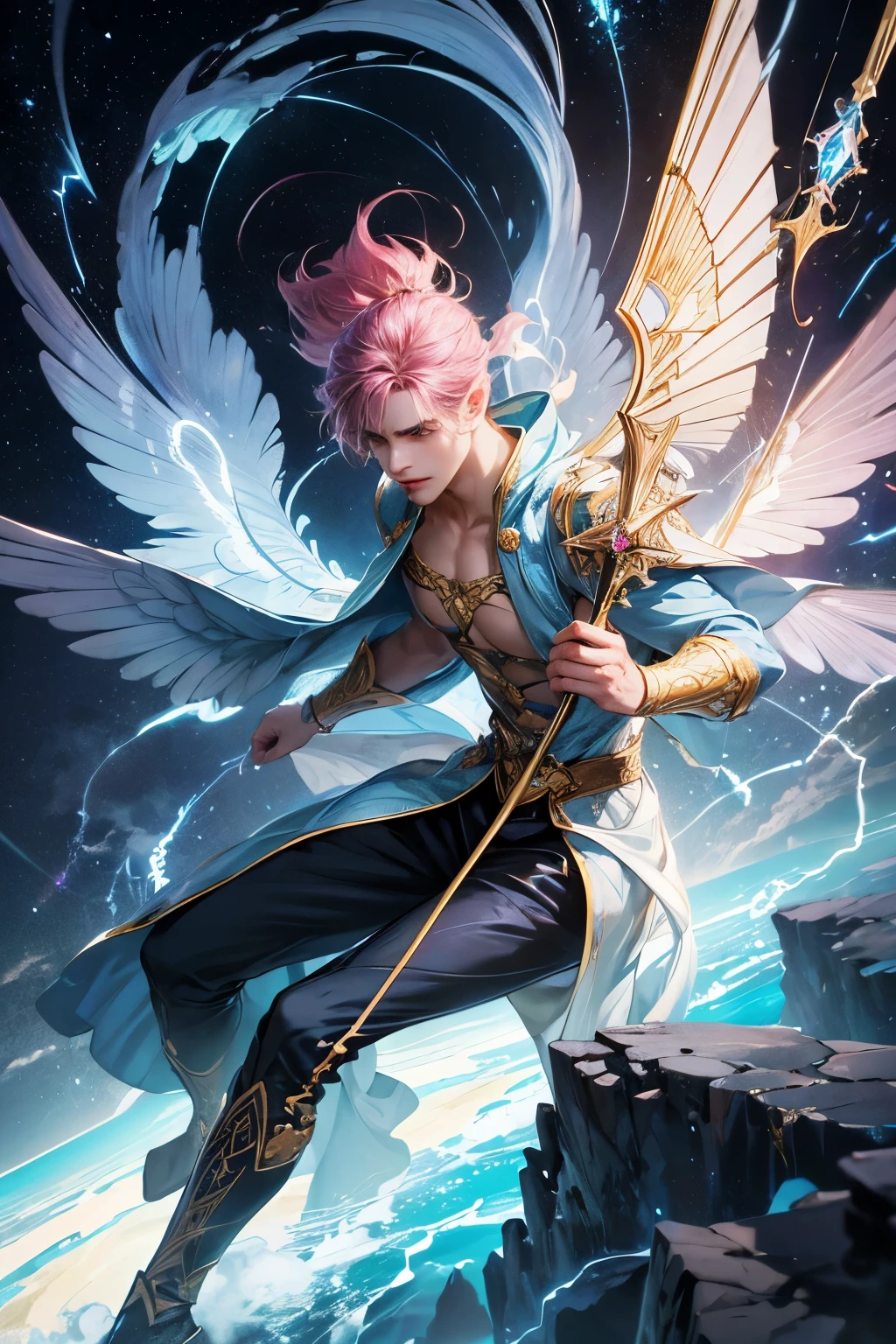 "Create an ultra-realistic image of a strikingly handsome young male fairy with magnificent large wings that evoke the vastness of the sky and the intensity of thunder. He should be holding a magical staff that crackles with the power of the sky and thunder. Dress him in an elegant outfit with shades of yellow and pink, reflecting the colors of dawn and the ethereal sky. Surround him with elements of the sky, such as storm clouds and flashes of lightning, to emphasize his connection to the sky and thunder. Include a distinct sky symbol or design on his body, signifying his role as the keeper of the sky and illustrating the profound sky energy he possesses within him."