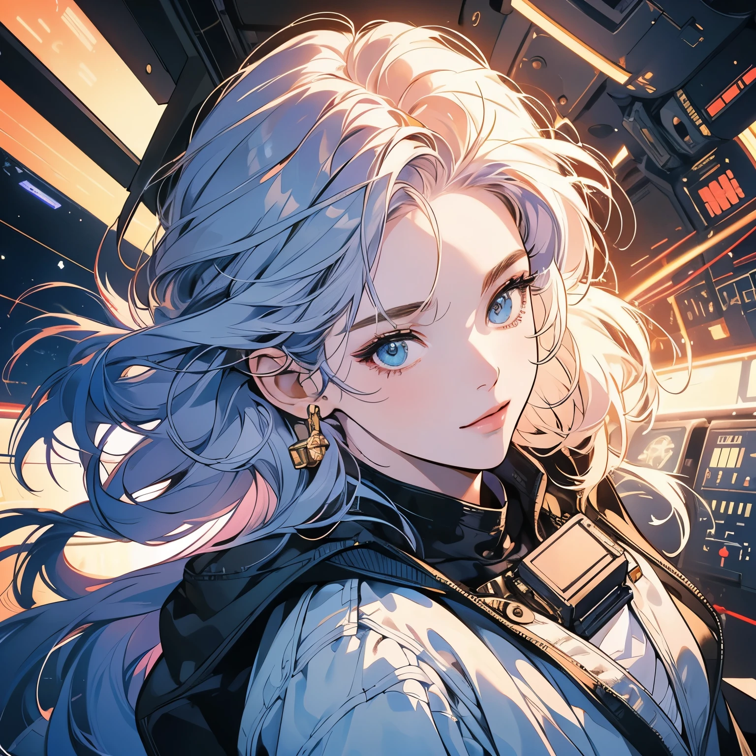 One beautiful woman, inside a spaceship, perfect machine, spacesuit, looking at camera, perfect face, zero gravity, outer space, lots of wires, switchboard, perfect and detailed machine, detailed hair, (((Various angles))), cockpit, upper body shot, most beautiful woman alive, head shot , Super detailed background, top quality, Unique and beautiful eyes, (((Various unique hairstyles))) Ghost in the Shell, Long shot, Panorama,(((Various hair color))), sparkling eyes,Outer space in the background, Unique and perfect face, Pale Lighting, shoot from above,GOLD hair, flat chest, Mature face, Goddess