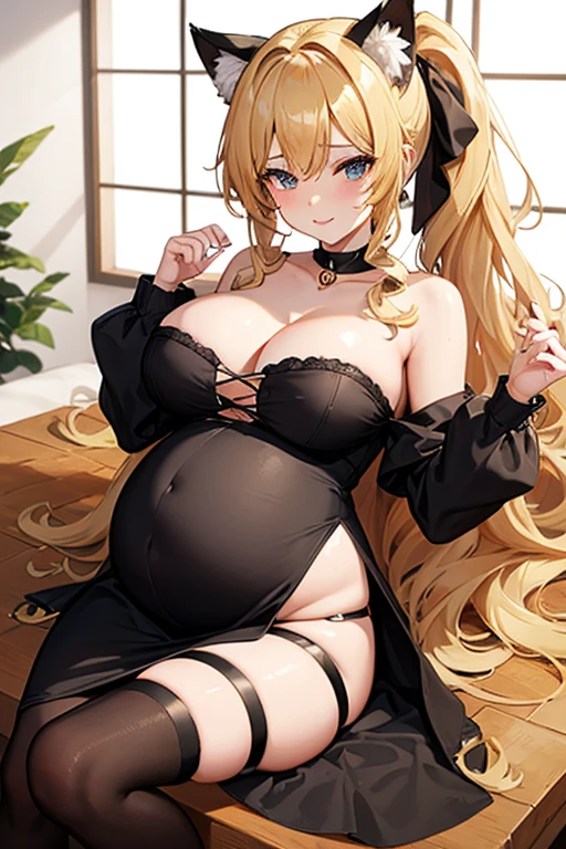 Sexy pregnant catgirl, cleavage, cat ears, curly blonde ponytail, tight off the shoulder black dress, pregnant, black stockings