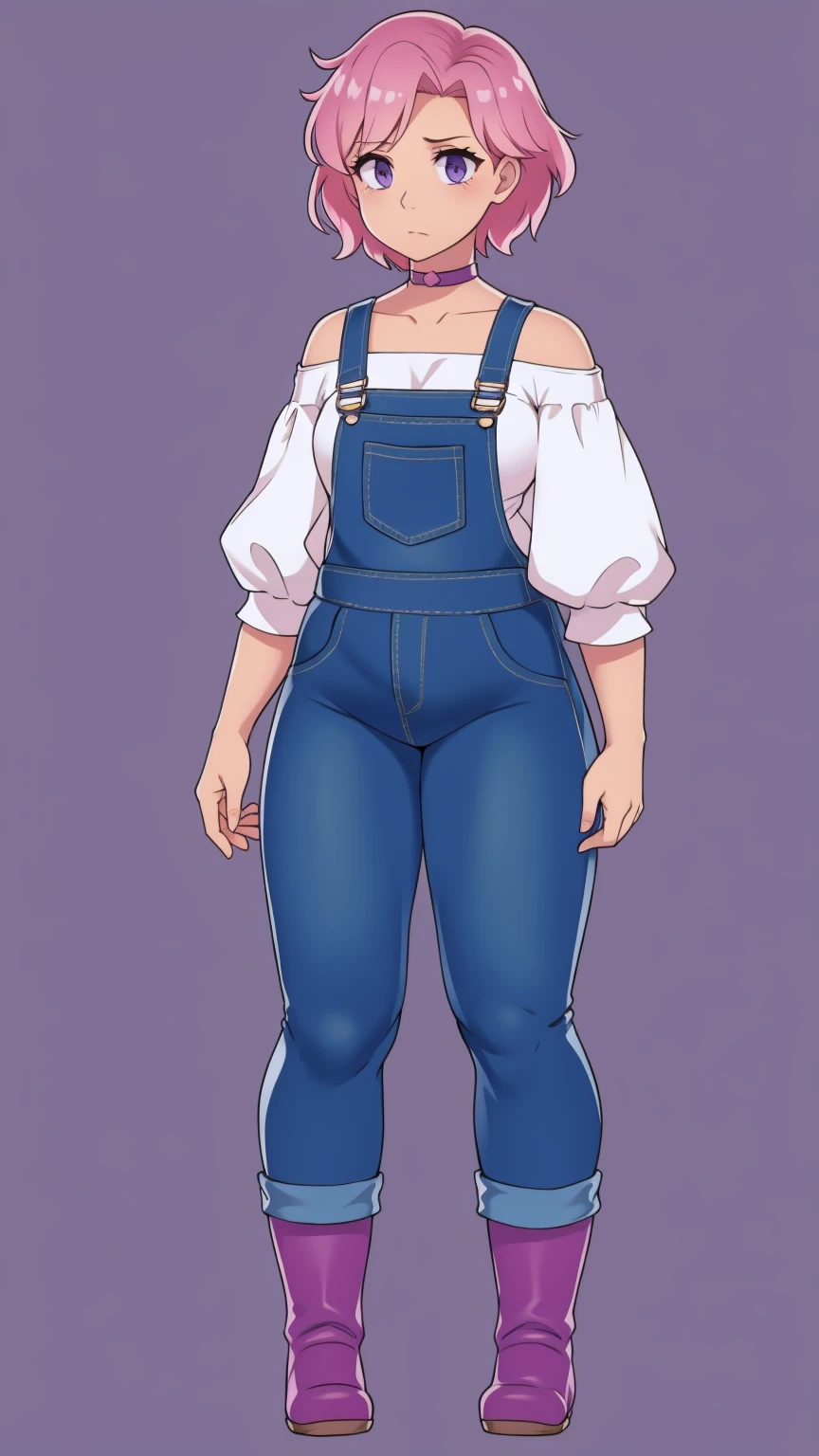 Arms tucked in, Nervous, sad, farm backround, Full body, looking at viewer, 1girl, solo, short pink hair, (dark blue choker), (dark blue denim overalls), (purple eyes), (pink boots), (white shoulder lantern sleeve blouse, tucked in pants