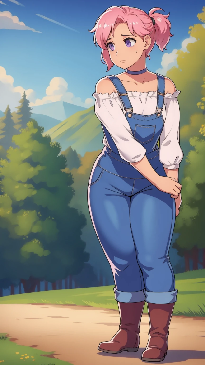 Arms tucked in, Nervous, sad, farm backround, Full body, looking at viewer, 1girl, solo, short pink hair, (dark blue choker), (dark blue denim overalls), (purple eyes), (pink boots), (white shoulder lantern sleeve blouse, tucked in pants