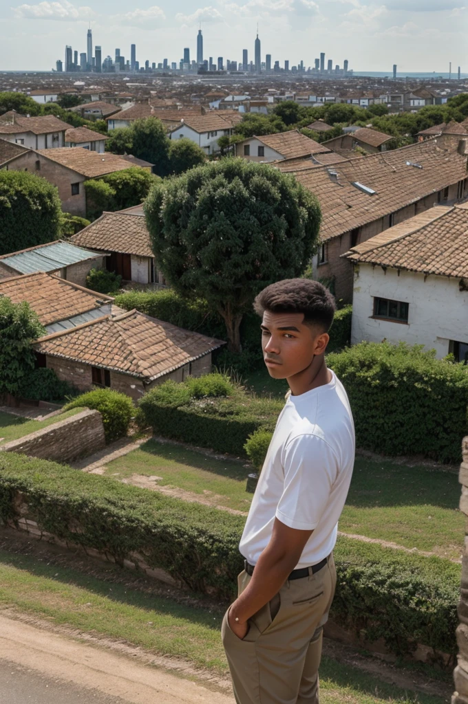 A young man standing at the edge of a small village, looking at a distant city skyline with determination in his eyes, while a group of friends behind him appear dismissive or mocking.