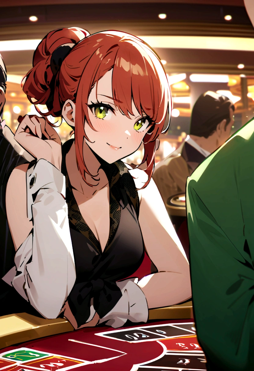 Sharp yellow-green eyes、Redhead、One knot、Loosely tied hair、Casino Costumes、Casino Background、Adult male、Casino Owners、dealer
