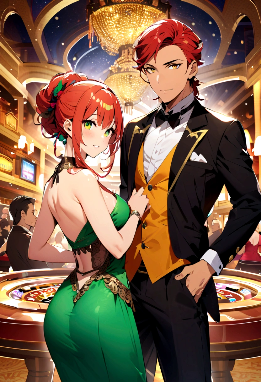 Sharp yellow-green eyes、Redhead、One knot、Loosely tied hair、Casino Costumes、Casino Background、Adult male、Casino Owners、dealer