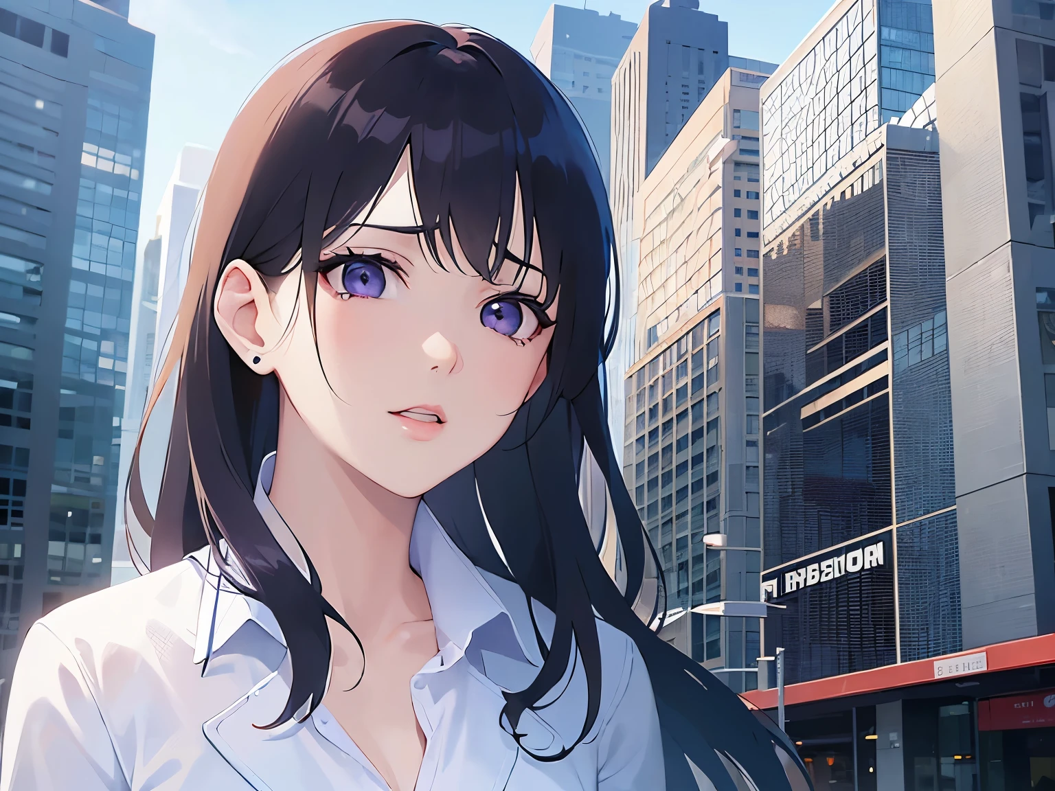 Detailed CG, Ultra-fine illustrations,masterpiece,highest quality, AW Photos,Realistic,Upper Body,BREAK(business suit:1.5) and (white collared shirt)BREAK,(Pale skin:1.2),Shiny skin Shiny Hair,(A 26-year-old woman with straight hair and bangs)and(Medium Hair)and(Black Hair)and(Purple eyes),(cry:1.5),()(Raising hand in exclamation),(Biologically correct5Fingesurprised)and(missing fingers),The background is the city,upper body,alone,(looking up:1.5)