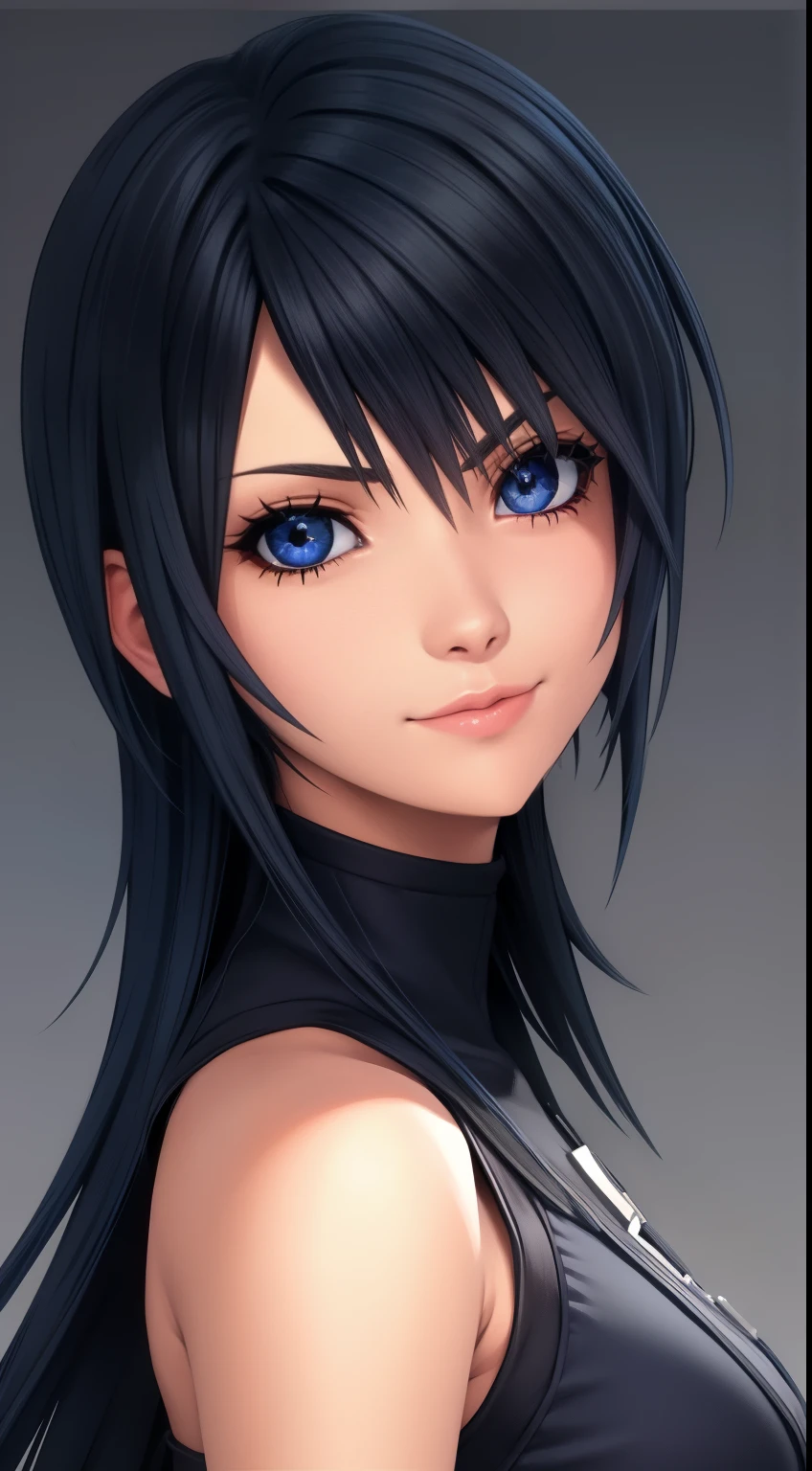 (high-quality, breathtaking),(expressive eyes, perfect face) Symmetrical Eyes, portrait, nomura tetsuya, nomura tetsuya art style, Kingdom Hearts, 1girl, female, black hair color, dark blue eye colors, hair between eyes, long hair length, neutral expression, feminine face, black long sleeved jacket, open jacket, white shirt, black pants, facing towards viewer, black background, official art, starry night, kingdom hearts outfit, soft cute smile
