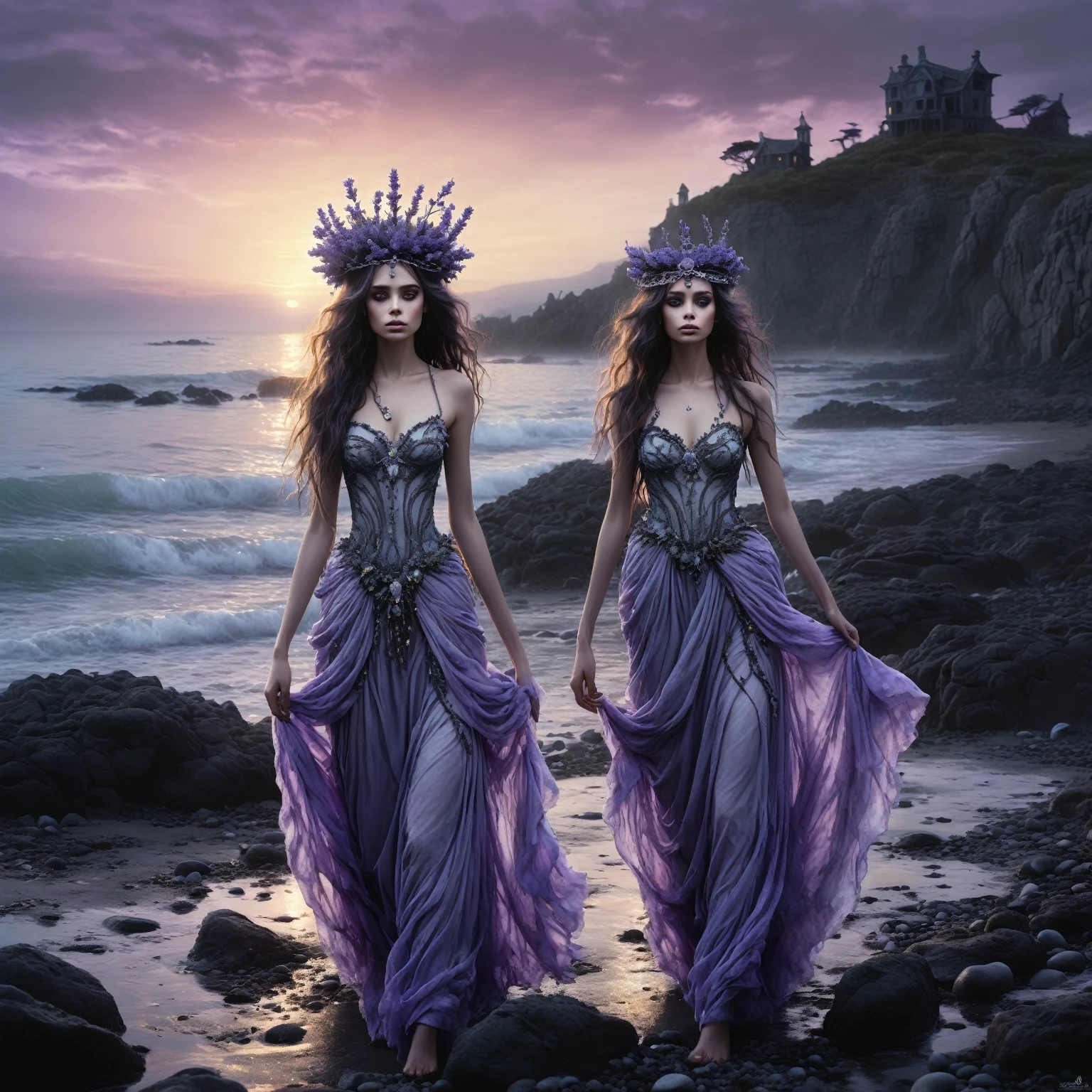 A beautiful creature with a lavender flowers tiara walks on a creepy rocky beach, beach sunset, shadowlike ghost floating, nightmare, gloomy, slightly influenced by Tim Burton and Luis Royo, highly detailed.