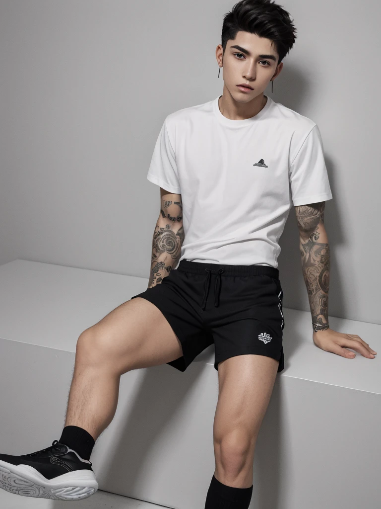 Chico blanco, male, ojos bonitos, piercing en la boca, white shirt that says rise, black shorts, medias negras cortas, zapatos blancos, pelo negro, corte de pelo mullet, tatuaje en el cuello y pistola en la mano 