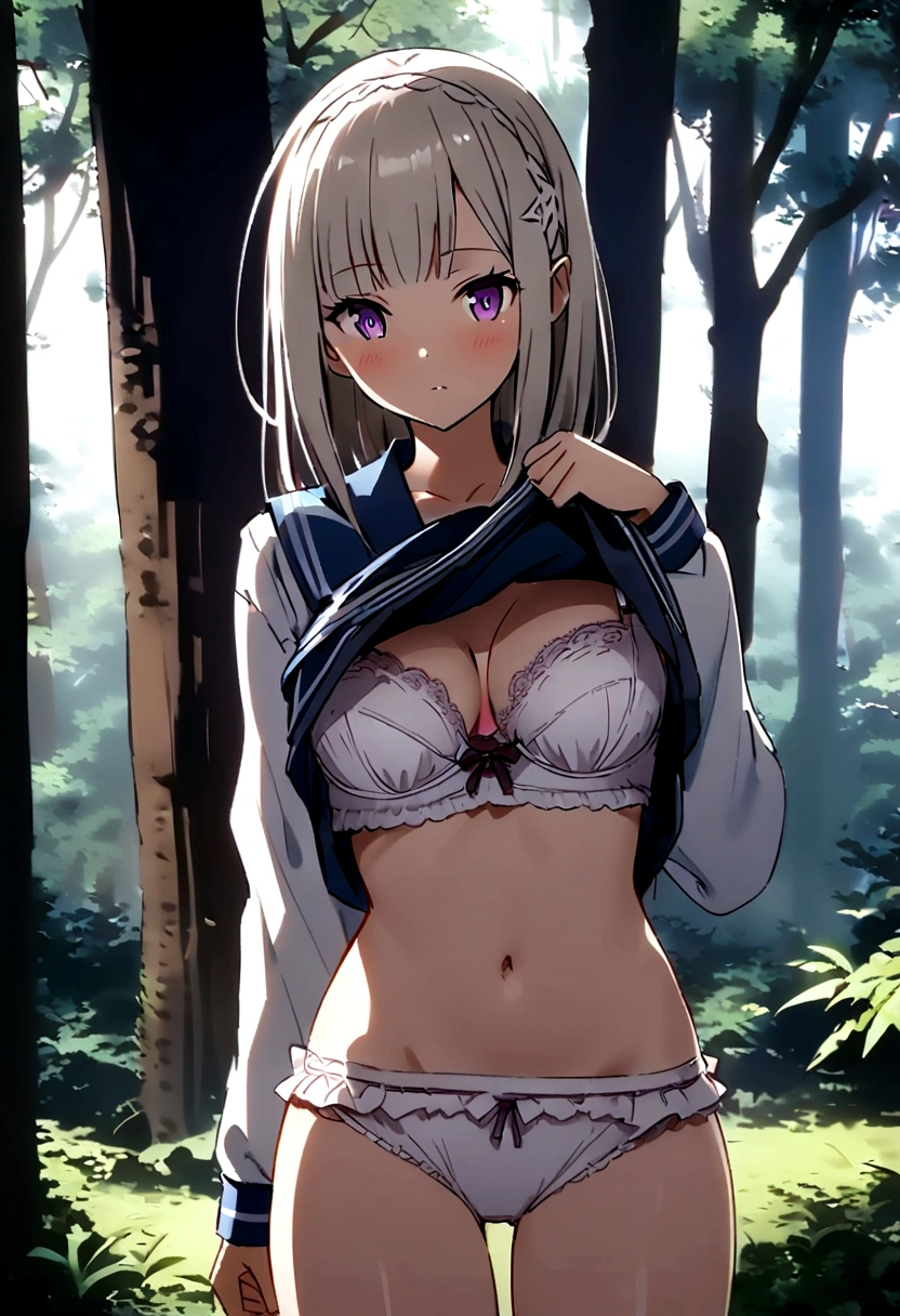 Starting Life in Another World from Zero,Emilia,Medium breast,in the forest, (((serafuku0.9))(((clothes lift)))(((show off bra))) (((frilled panties)))