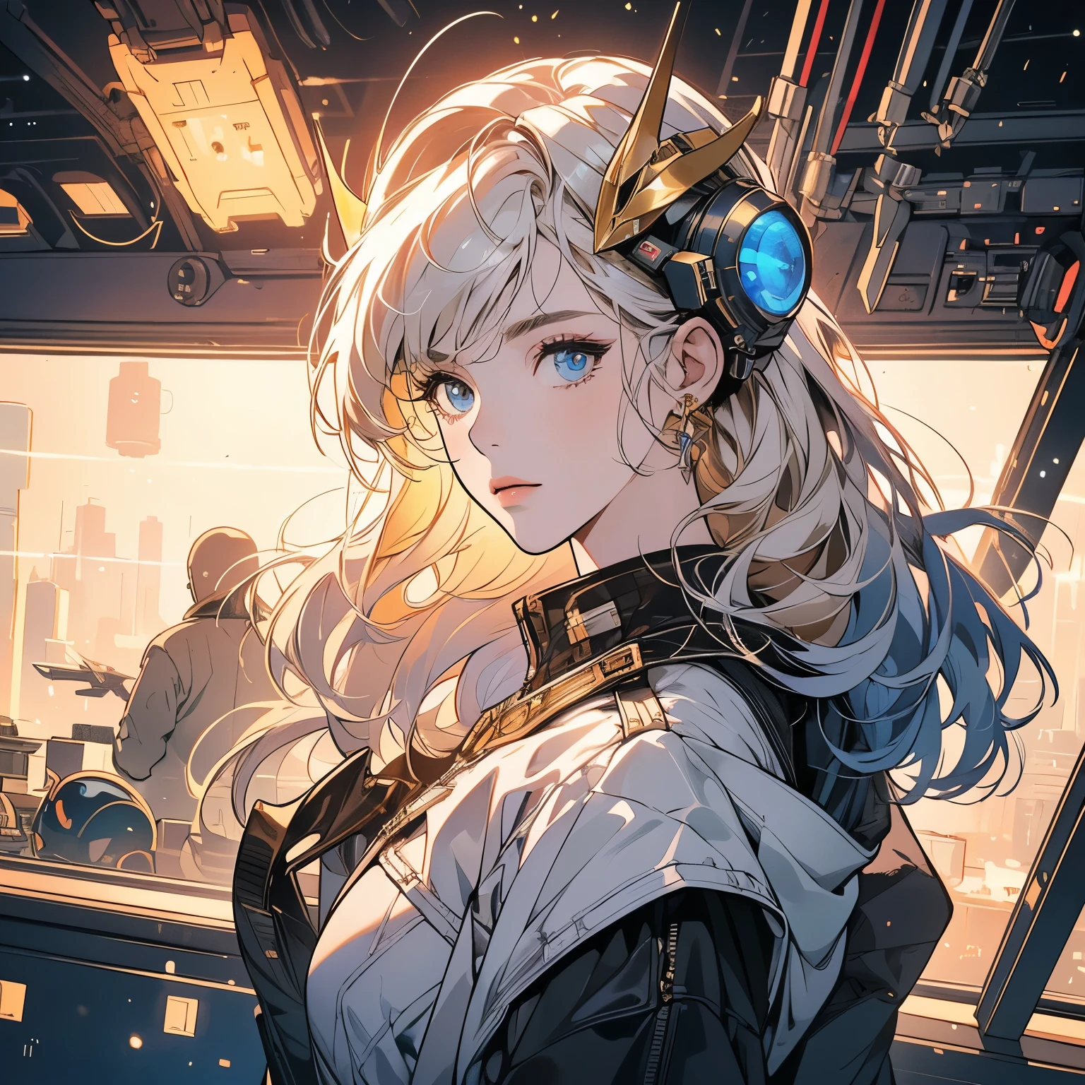 One beautiful woman, inside a spaceship, perfect machine, spacesuit, looking at camera, perfect face, zero gravity, outer space, lots of wires, switchboard, perfect and detailed machine, detailed hair, (((Various angles))), cockpit, upper body shot, most beautiful woman alive, head shot , Super detailed background, top quality, Unique and beautiful eyes, (((Various unique hairstyles))) Ghost in the Shell, Long shot, Panorama,(((Various hair color))), sparkling eyes,Outer space in the background, Unique and perfect face, Pale Lighting, shoot from above,GOLD hair, flat chest, Mature face, Goddess,(((Ultra-detailed Complex design mechanical helmets)))